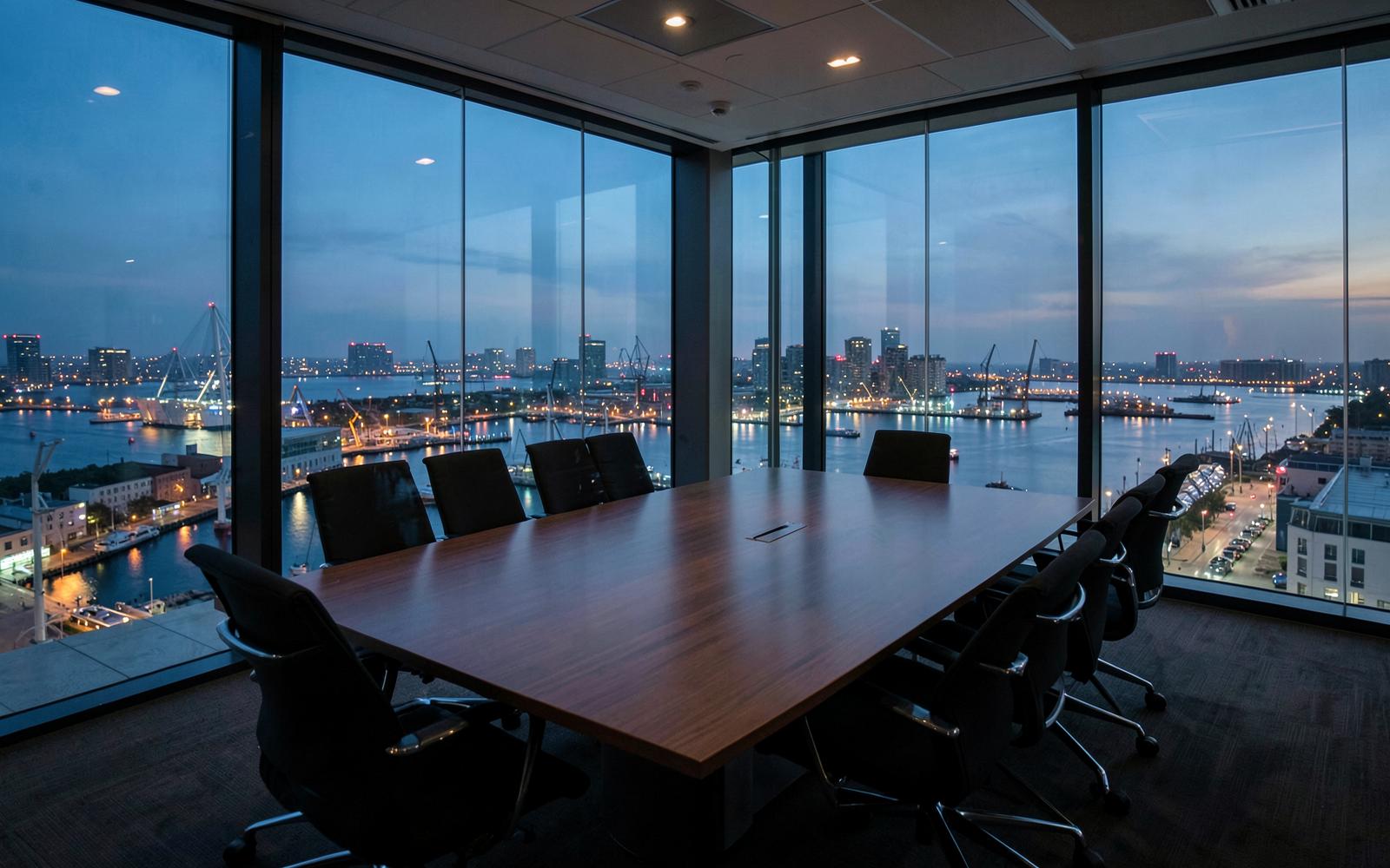 Sala de reuniões corporativa com vista para um porto ao anoitecer