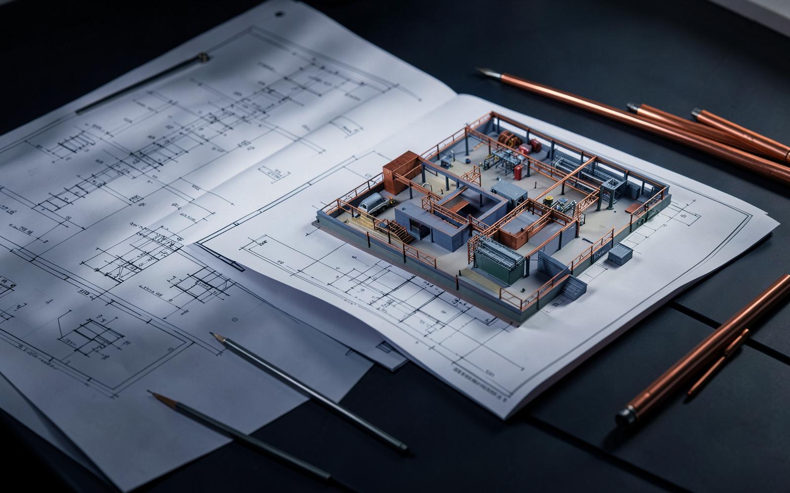 Plantas de engenharia e maquete de layout industrial sobre mesa