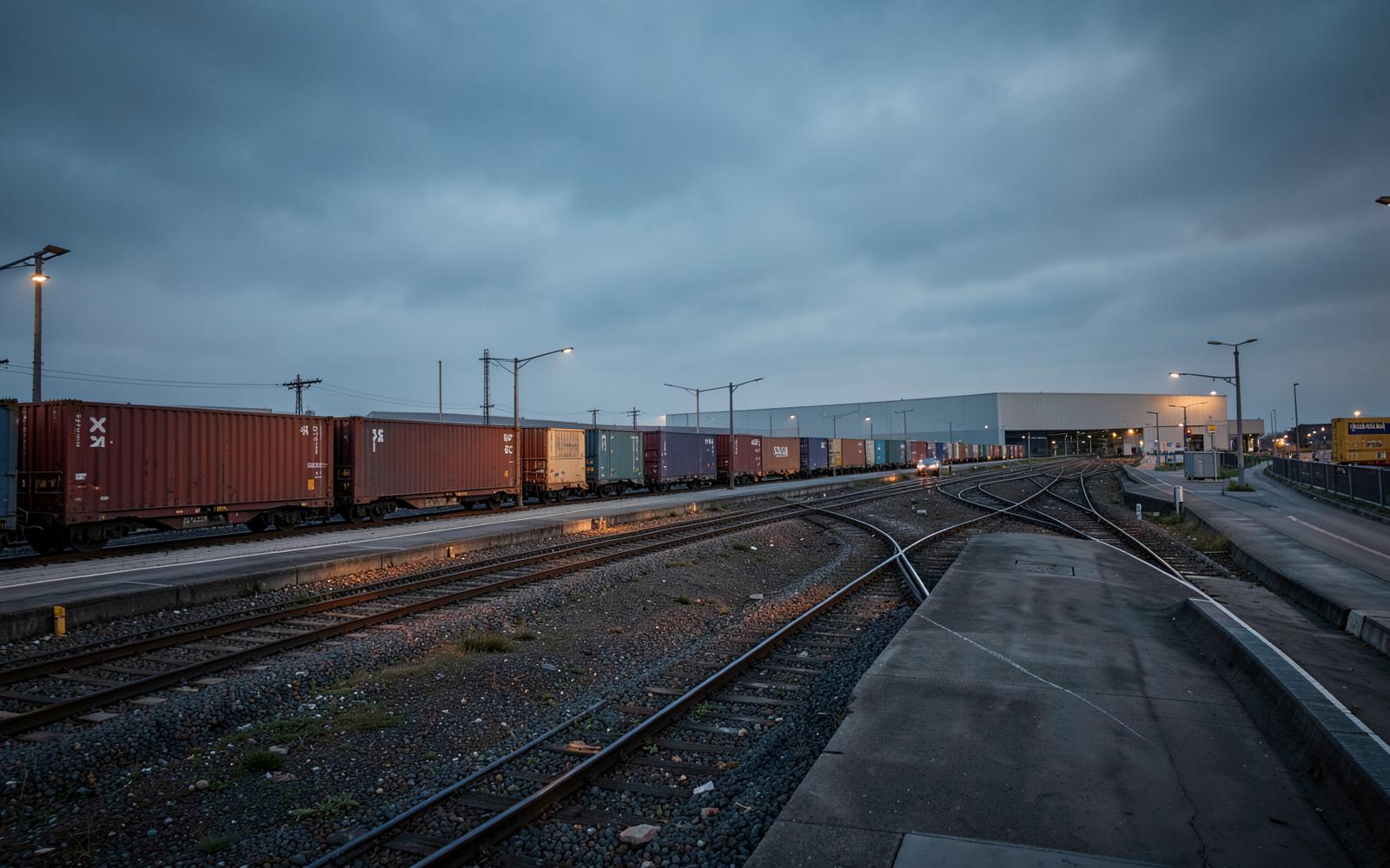 Terminal ferroviário de cargas com trens de contêineres e armazém ao fundo